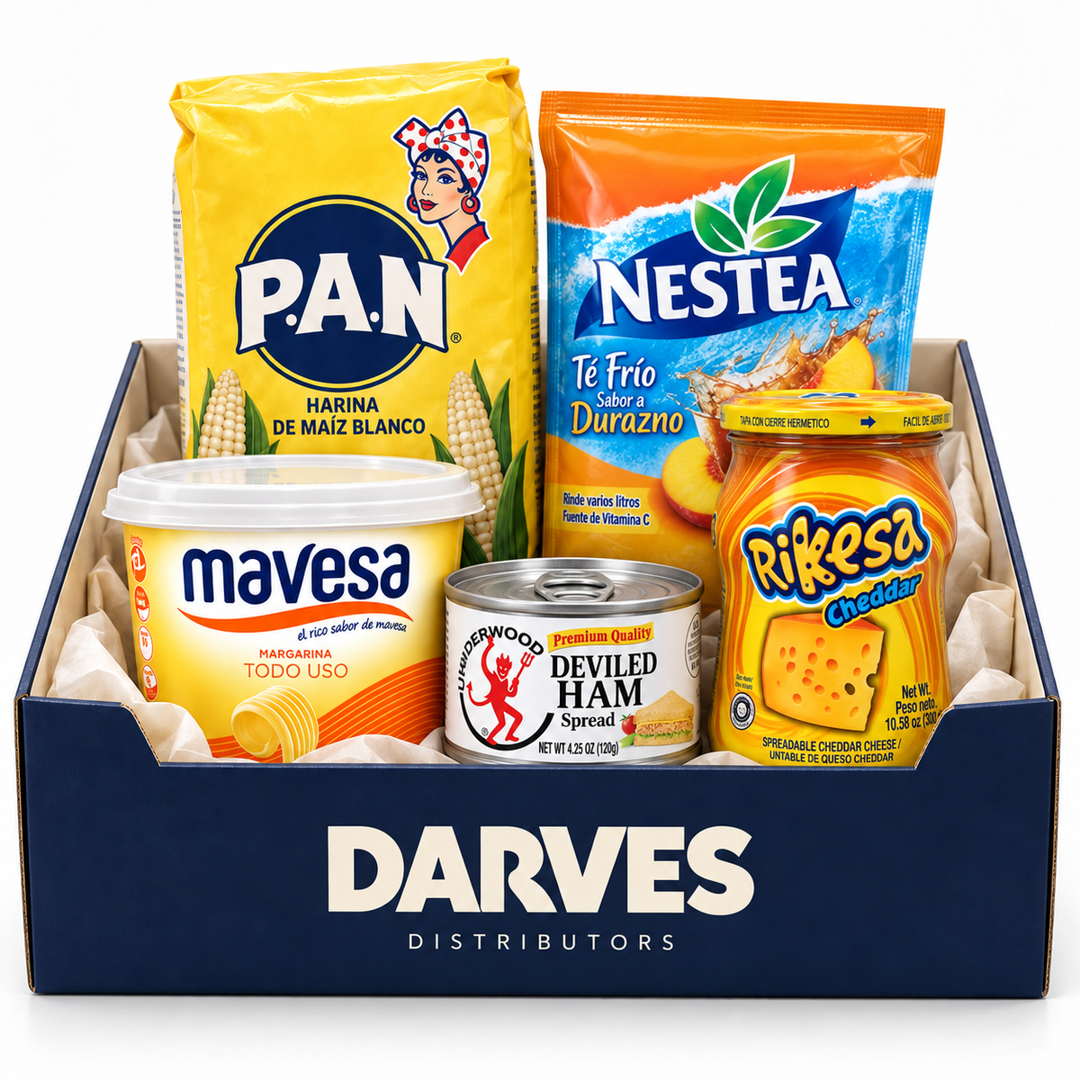 Darves kraft box with P.A.N. white corn flour, Mavesa margarine, Underwood deviled ham, Rikesa Cheddar spread and Nestea peach tea.