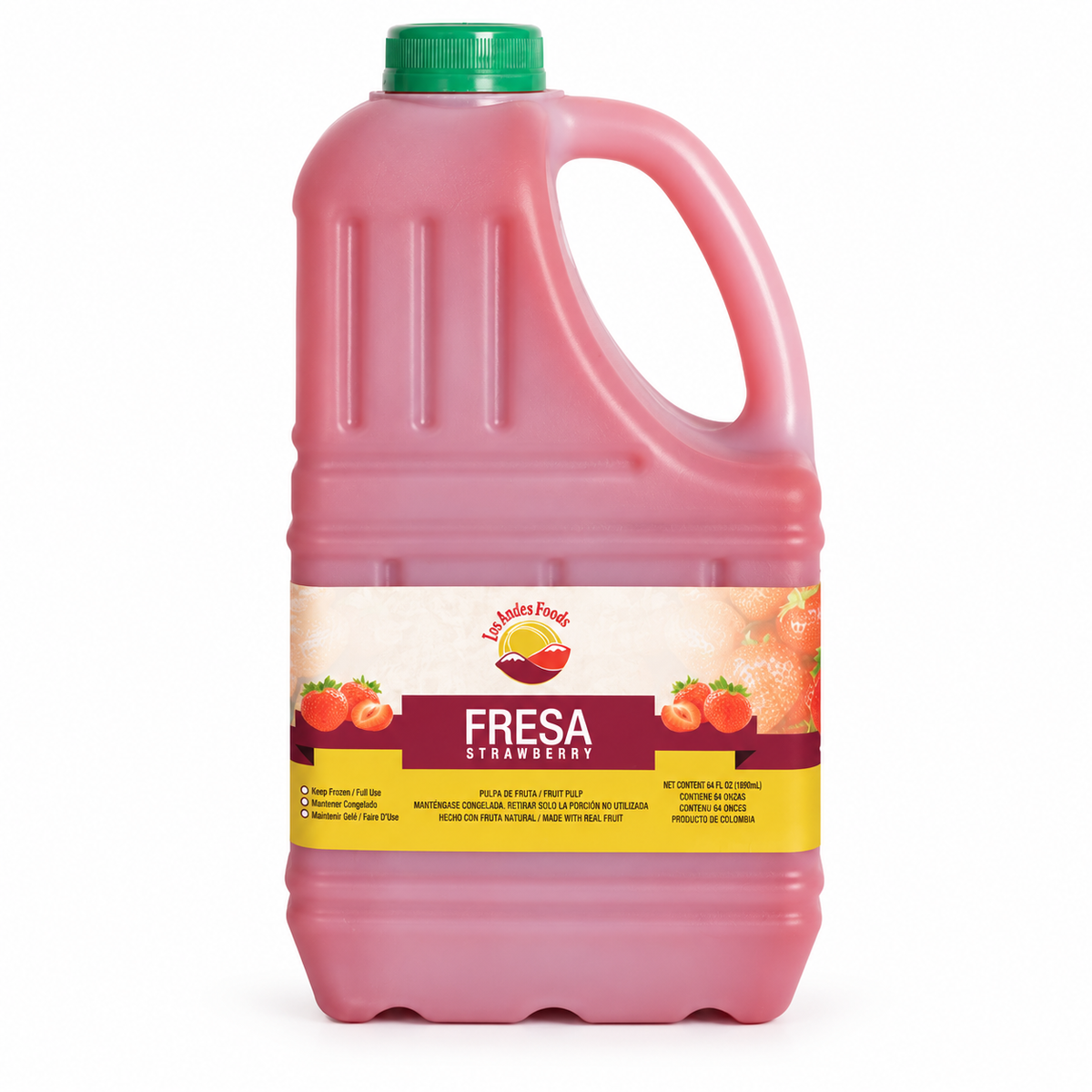 Los Andes Foods strawberry pulp in a pink 64 fl oz jug with a green cap and strawberry illustrations on the label.