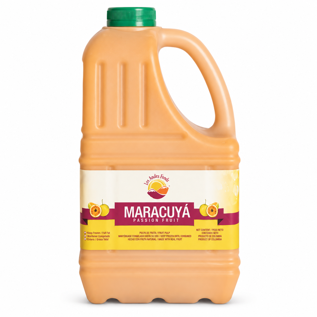 Los Andes Foods passion fruit pulp in a 64 fl oz jug with a green cap and a label reading Maracuyá.