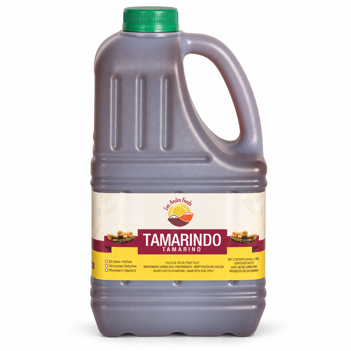 Los Andes Foods tamarind pulp in a 64 fl oz jug with a green cap and a cream, burgundy and yellow label.