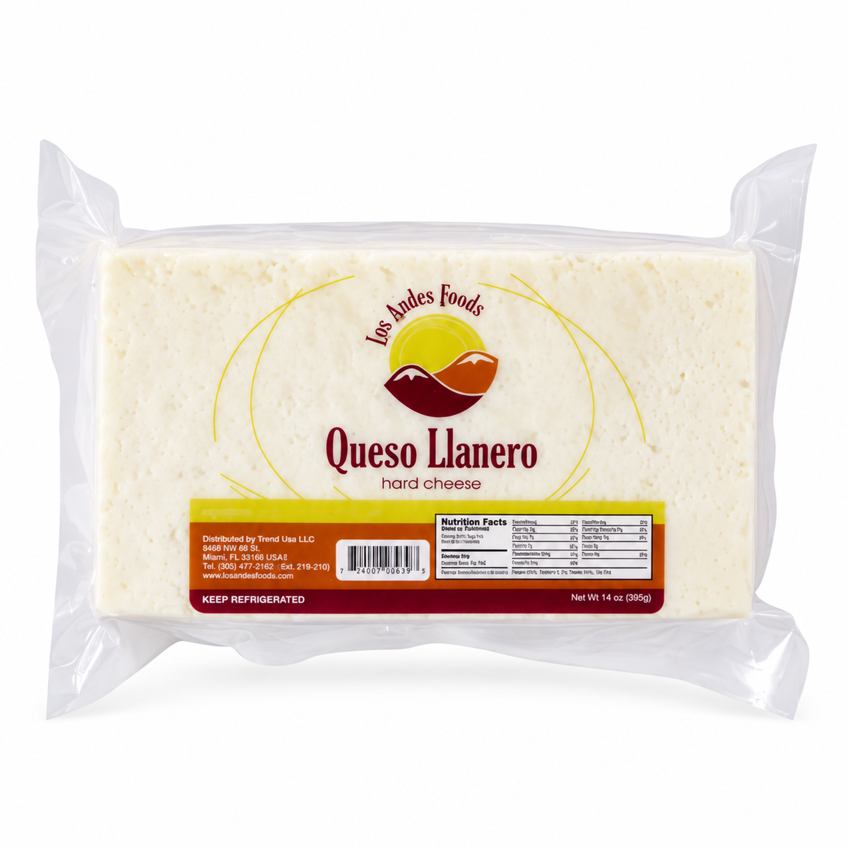 Los Andes Foods Queso Llanero hard white cheese in clear vacuum-sealed packaging, front view on a white background.