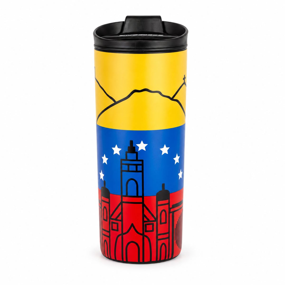 Termo Venezuela de 16 oz con tapa negra, diseño tricolor, estrellas e ilustraciones de Venezuela