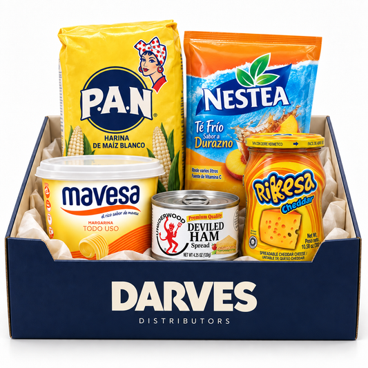 Darves kraft box with P.A.N. white corn flour, Mavesa margarine, Underwood deviled ham, Rikesa Cheddar spread and Nestea peach tea.