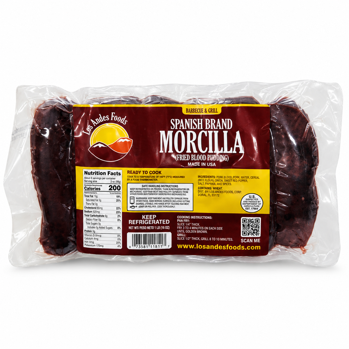 Los Andes Foods morcilla blood sausage in vacuum-sealed packaging on a white background.