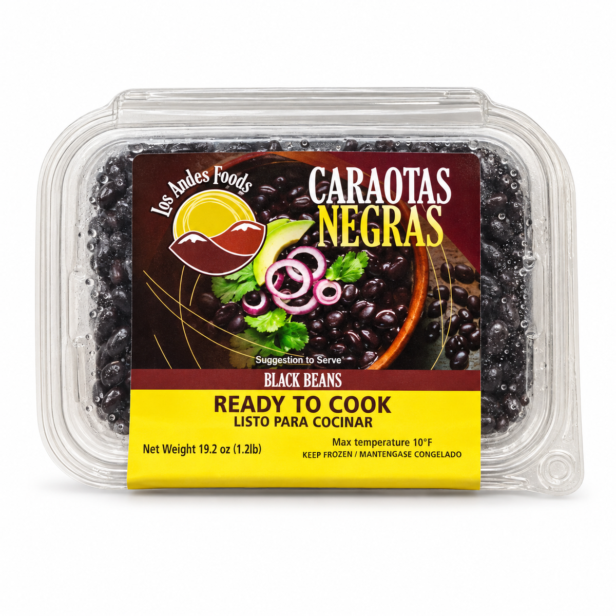 Los Andes Foods Caraotas Negras black beans in a 19.2 oz clear tray with a burgundy and yellow label