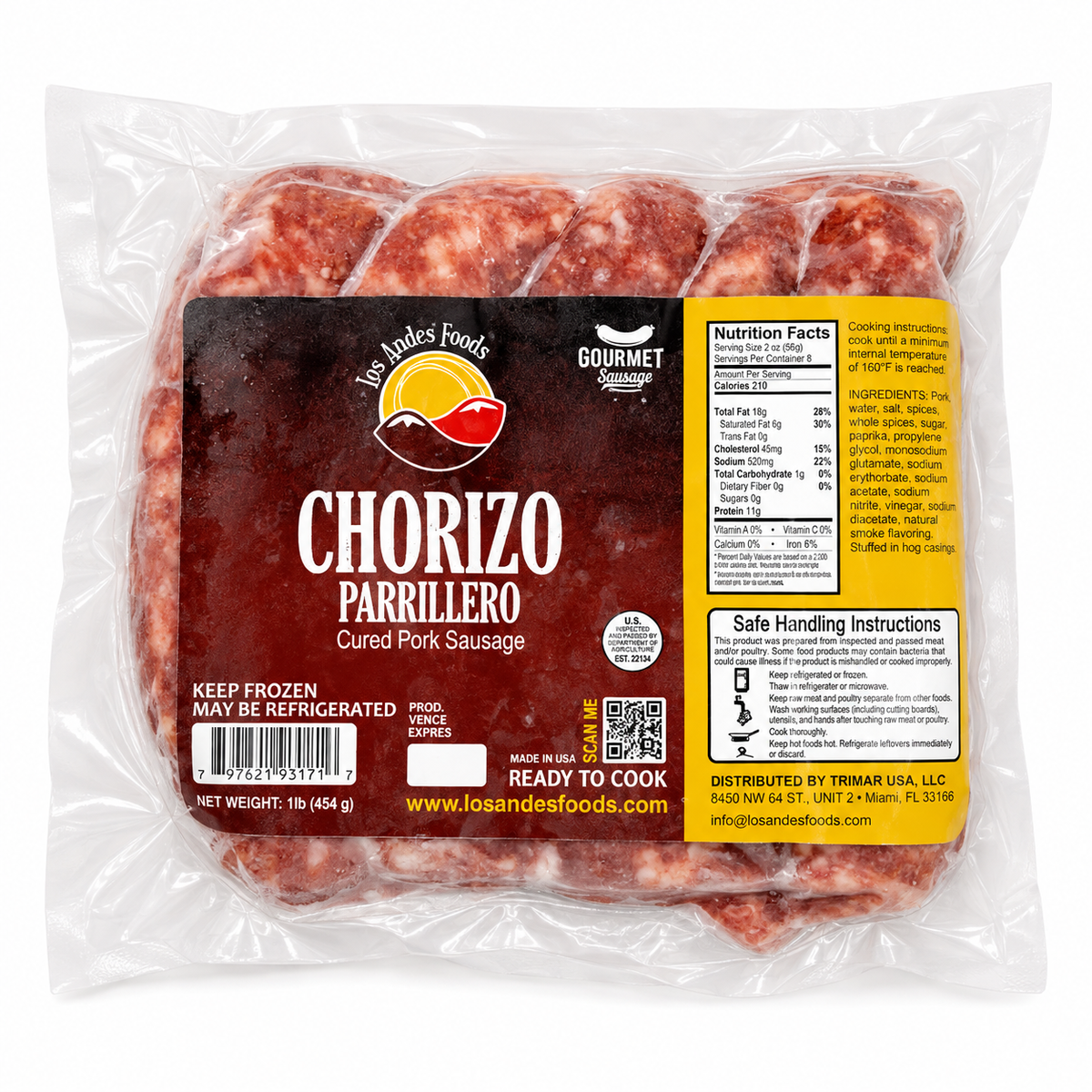 Los Andes Foods Chorizo Parrillero en un paquete sellado al vacío de 1 lb con una etiqueta vinotinto y amarilla.