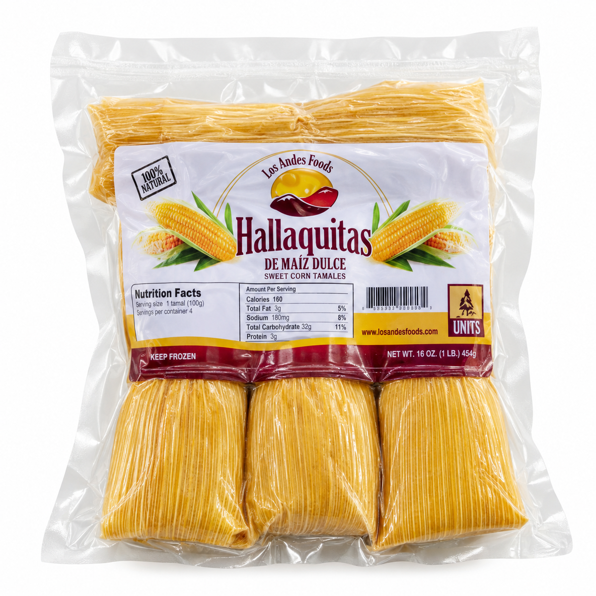 Los Andes Foods Hallaquitas de Maíz Dulce, four corn husk-wrapped sweet corn tamales in clear packaging.