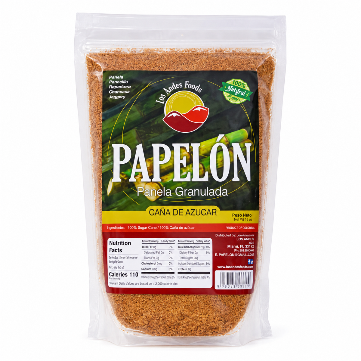 Los Andes Foods Papelón Granulado in a clear resealable pouch with a green and burgundy label