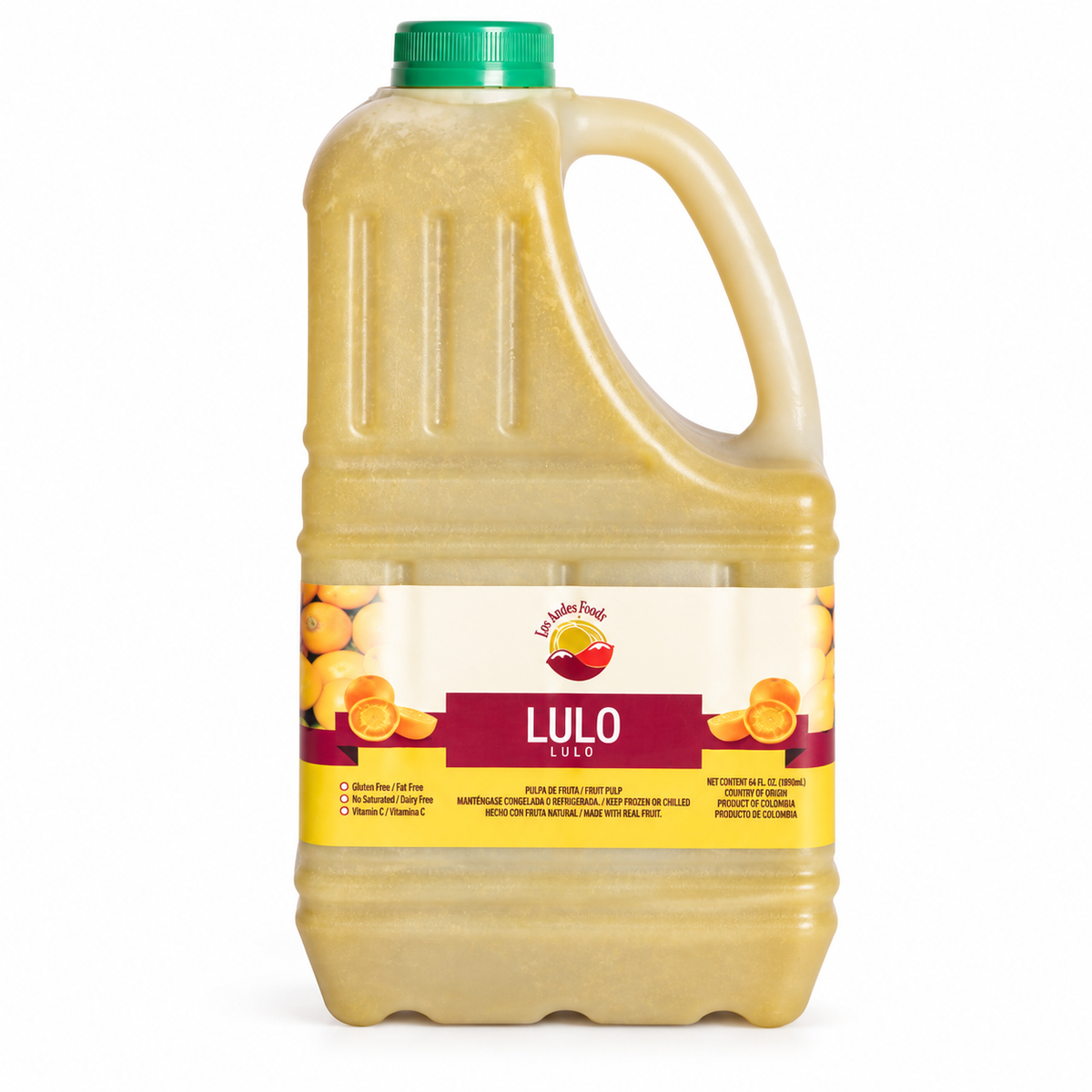Los Andes Foods lulo fruit pulp in a 64 fl oz jug with a green cap and lulo illustrations on the label.