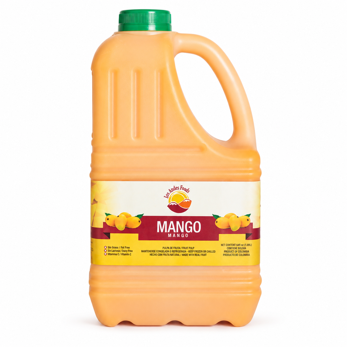 Los Andes Foods mango pulp in a 64 fl oz jug with a green cap and mango illustrations on the label