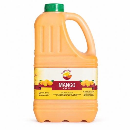 Los Andes Foods mango pulp in a 64 fl oz jug with a green cap and mango illustrations on the label