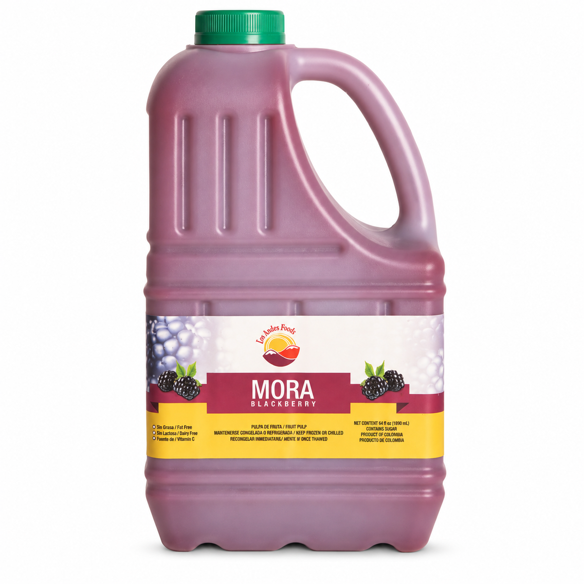 Los Andes Foods blackberry pulp in a purple 64 fl oz jug with a green cap and a label reading Mora.
