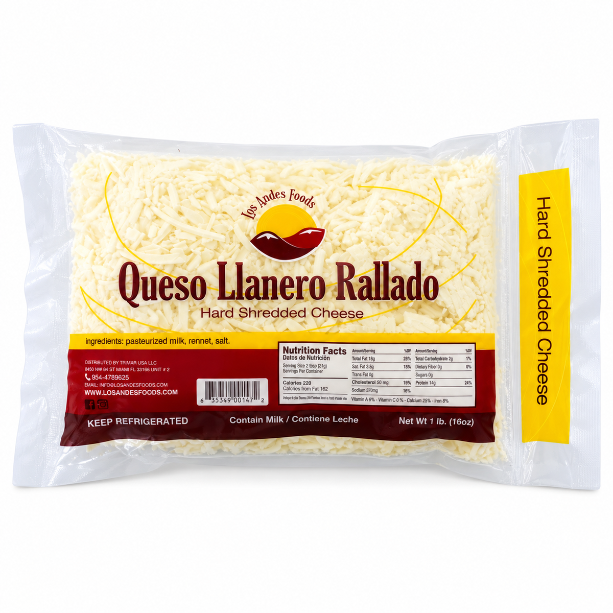 Los Andes Foods Queso Llanero Rallado shredded hard white cheese in a clear 16 oz package