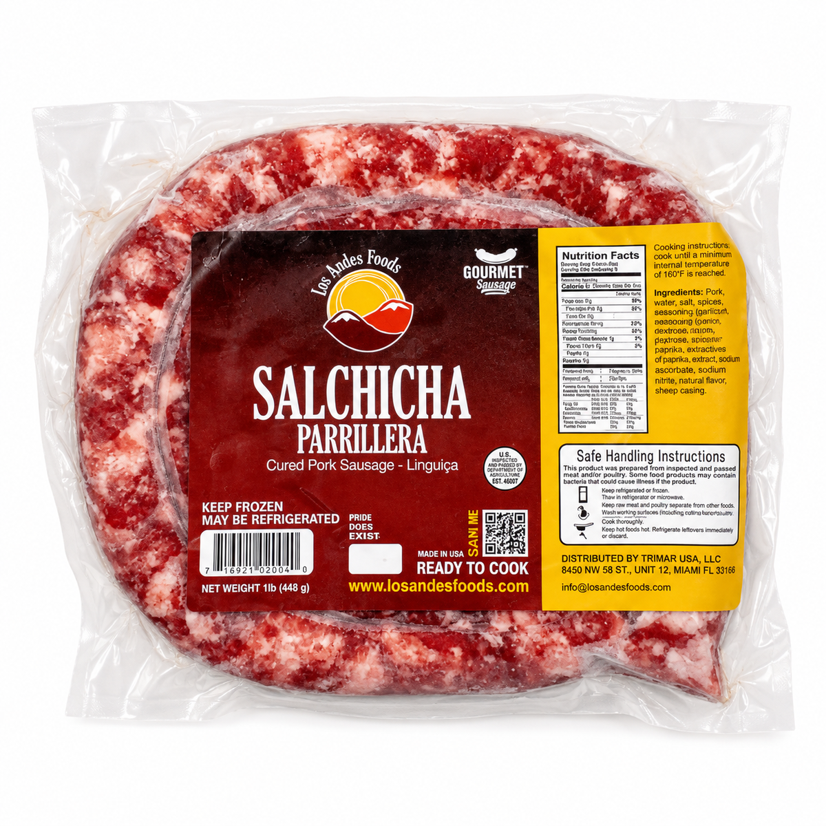 Los Andes Foods Salchicha Parrillera coiled pork sausage in a 1 lb vacuum-sealed package with a burgundy and yellow label.