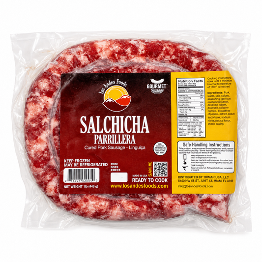 Los Andes Foods Salchicha Parrillera coiled pork sausage in a 1 lb vacuum-sealed package with a burgundy and yellow label.