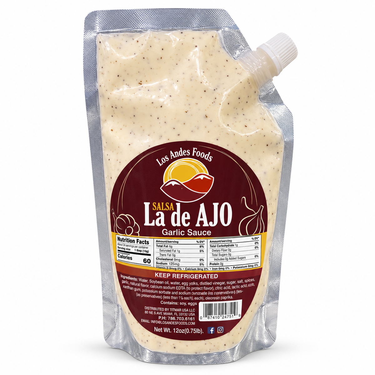 Los Andes Foods Salsa de Ajo garlic sauce, 12 oz pouch with a white spout and burgundy label