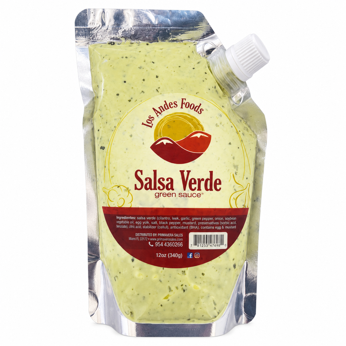 Los Andes Foods Salsa Verde green sauce in a 12 oz silver-edged pouch with a white spout.
