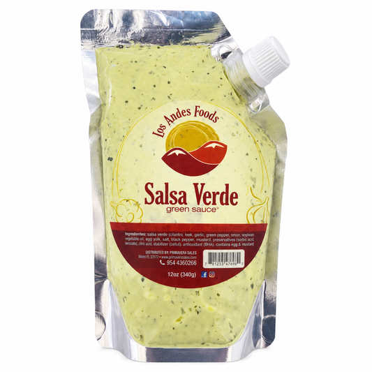 Los Andes Foods Salsa Verde green sauce in a 12 oz silver-edged pouch with a white spout.