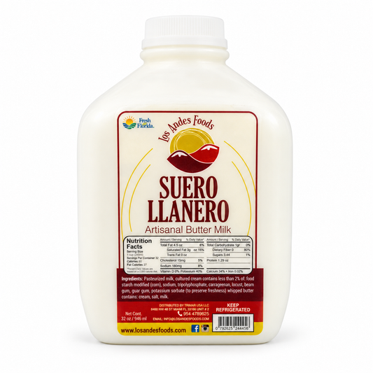 Los Andes Foods Suero Llanero artisanal buttermilk in a white 32 fl oz bottle.