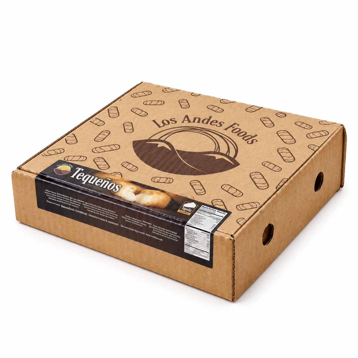 Los Andes Foods tequeños in a closed brown box with the brand logo and tequeño illustrations on a white background.