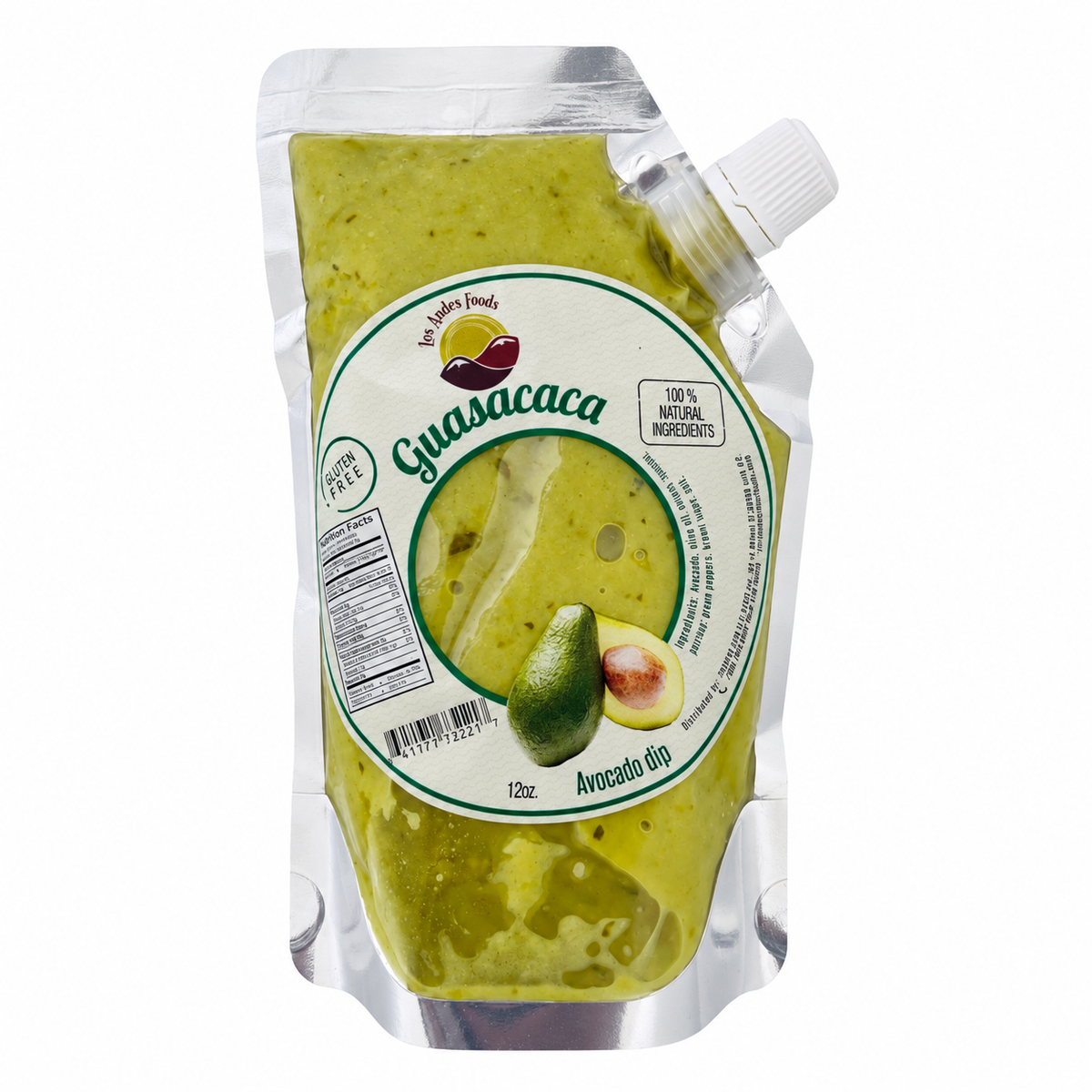 Los Andes Foods Guasacaca avocado dip in a 12 oz pouch with a white spout cap.