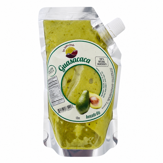Los Andes Foods Guasacaca avocado dip in a 12 oz pouch with a white spout cap.