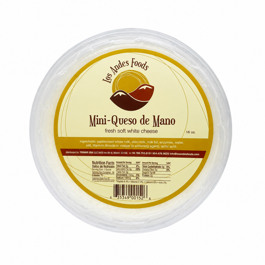 Los Andes Foods Mini Queso de Mano fresh white cheese in a round 16 oz container