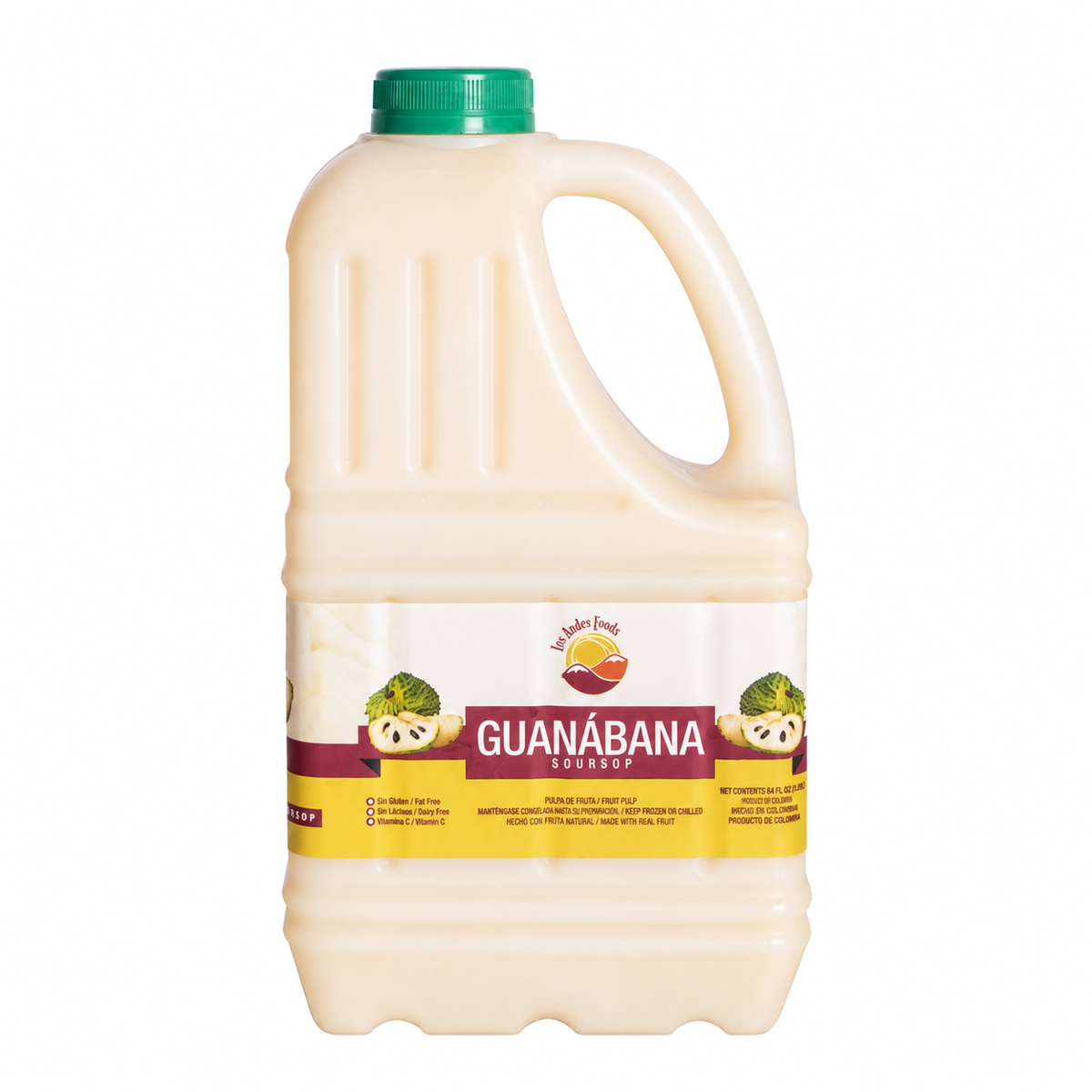 Los Andes Foods Guanábana soursop pulp in a 64 fl oz jug with a green cap.
