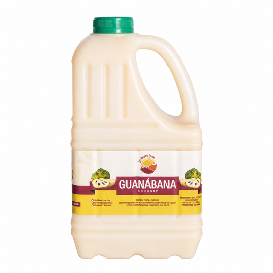 Los Andes Foods Guanábana soursop pulp in a 64 fl oz jug with a green cap.