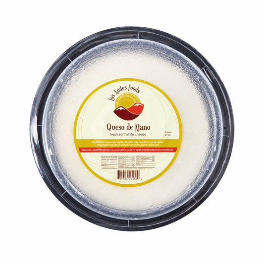 Los Andes Foods Queso de Mano fresh white cheese in a round black-rimmed container