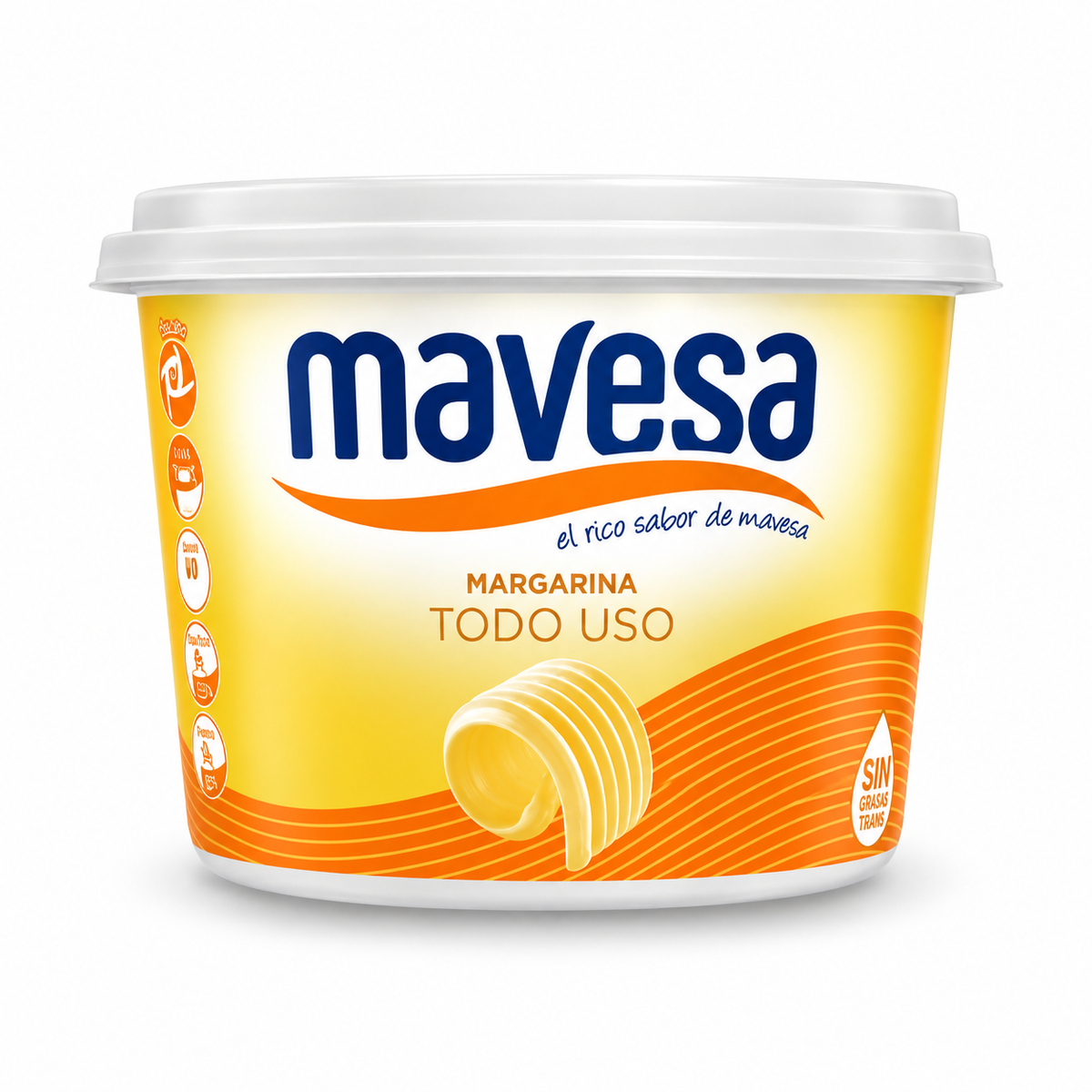 Envase de Margarina o mantequilla Mavesa Todo Uso con tapa blanca y etiqueta amarilla y naranja.
